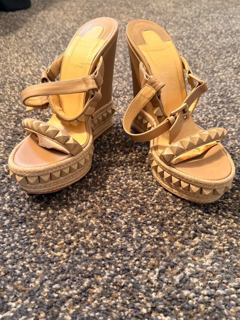 Christian Louboutin Tan Platform Studded Wedge Sandals